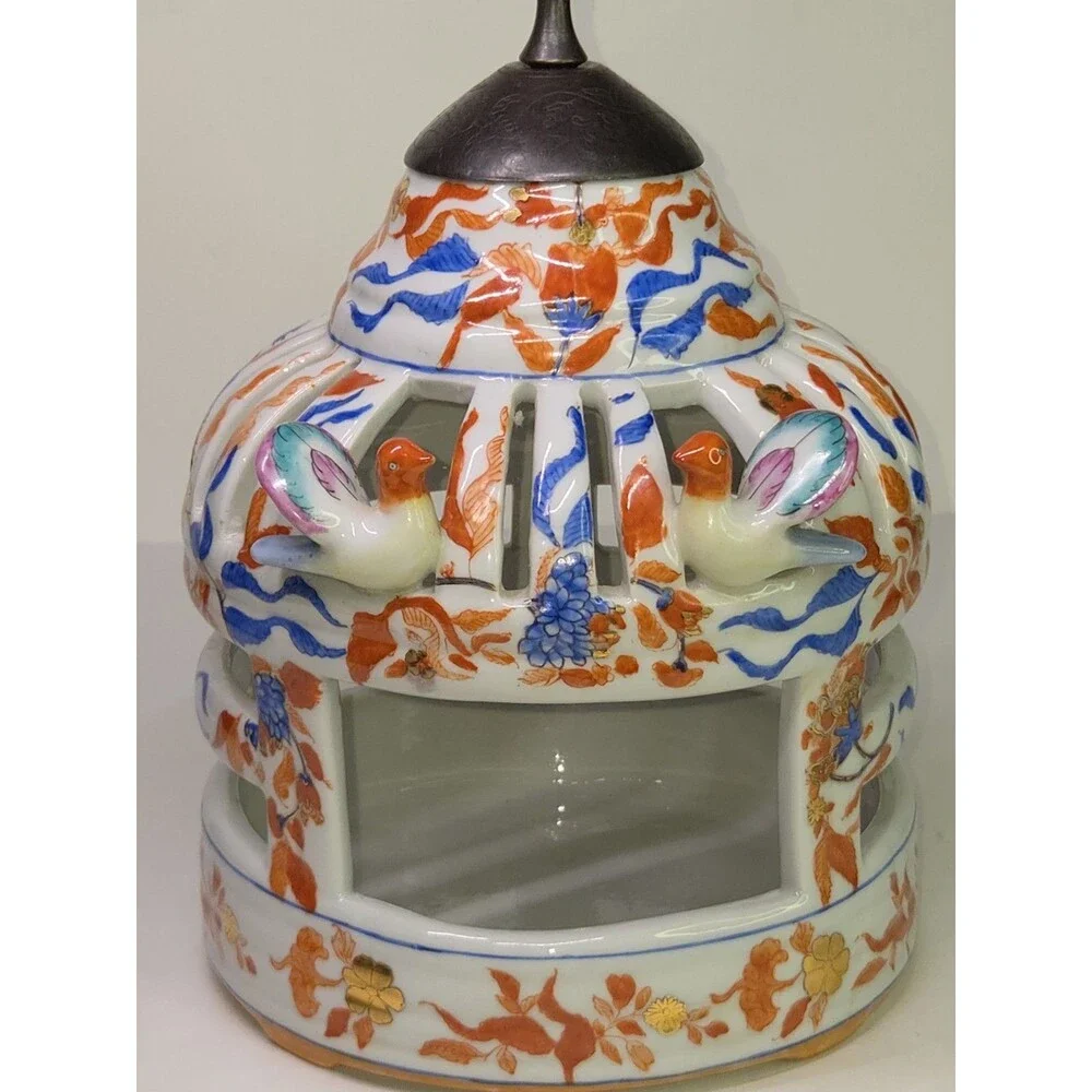 Vintage Chinoiserie Ceramic Bird Cage Candle Holder Lantern Hanger Gold Imari